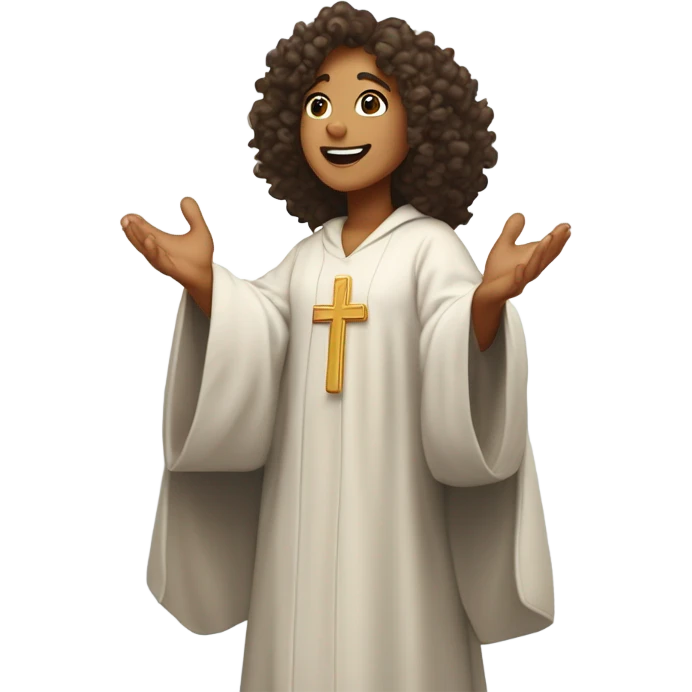 Curly-haired biracial woman preacher wearing a catholic robe, praising the lord in the sky  emoji
