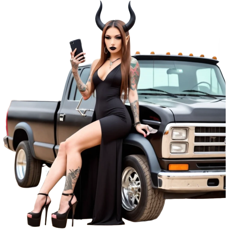 Sensual queen long brown straight haired mafia woman with black shiny platform high heels on her feet,  and black devil horns on her head, tattoos on arms , holding a stack of cash, has a phone in other hand. Sitting on a large big new model F350 pickup truck  long black dress with sexy butt emoji