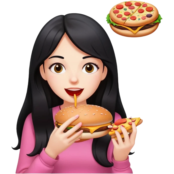 White girl in pink clothes and long black hair eating burger and pizza emoji