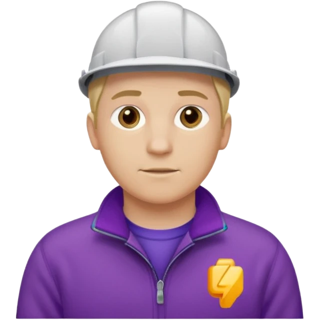 Crea un emoji de un electricista, hombre rubio con pelo corto hacia al lado, sin gafas, con forro polar morada y nombre empresa INDYDES emoji
