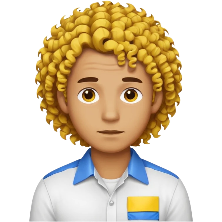 Make me an emoji that has a guy with a white shirt and yellow tape around the shirt with brown and blue spots hair make the hair curly make the yellow tape go around it emoji