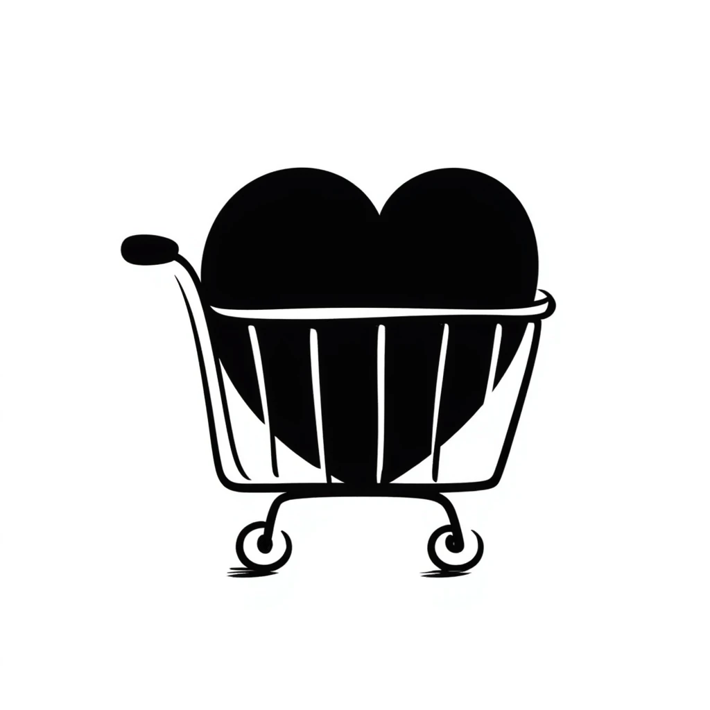 hand-drawn doodle of a shopping cart with a big red heart inside emoji