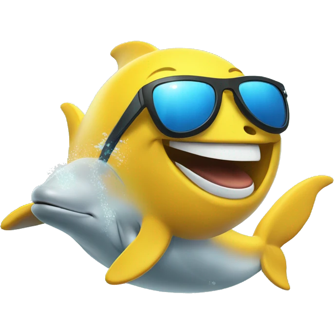 yellow emoji face with sun glasses riding dolphin emoji