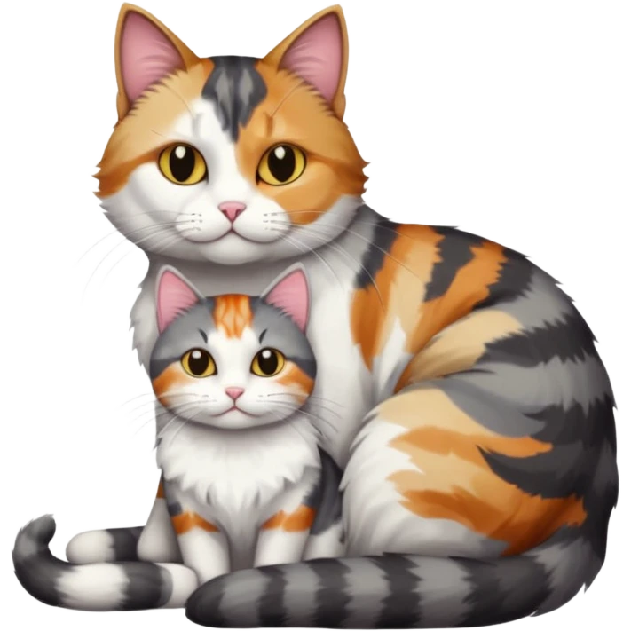 full body colourful light patched calico + white tabby cat cuddling a large dark grey and white tabby cat  emoji