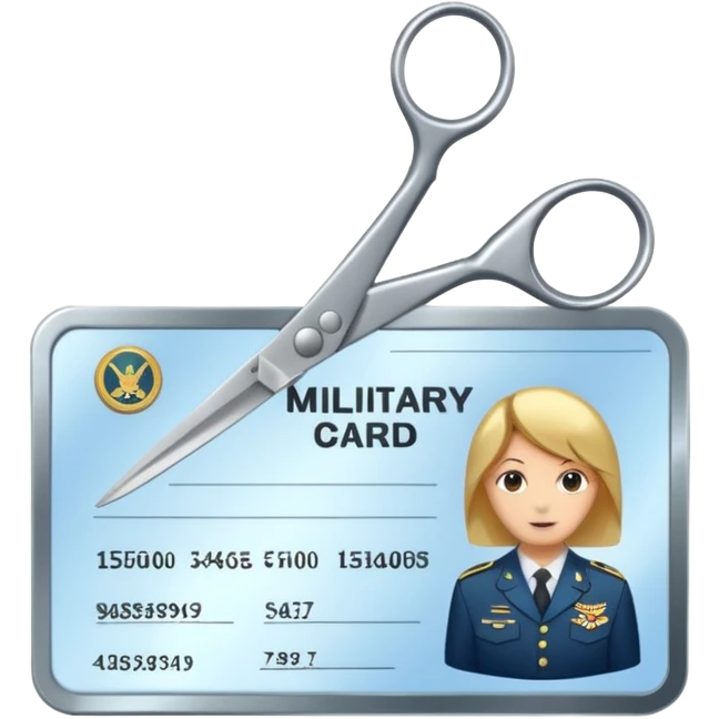 Scissors cutting military ID card in the middle front view emoji