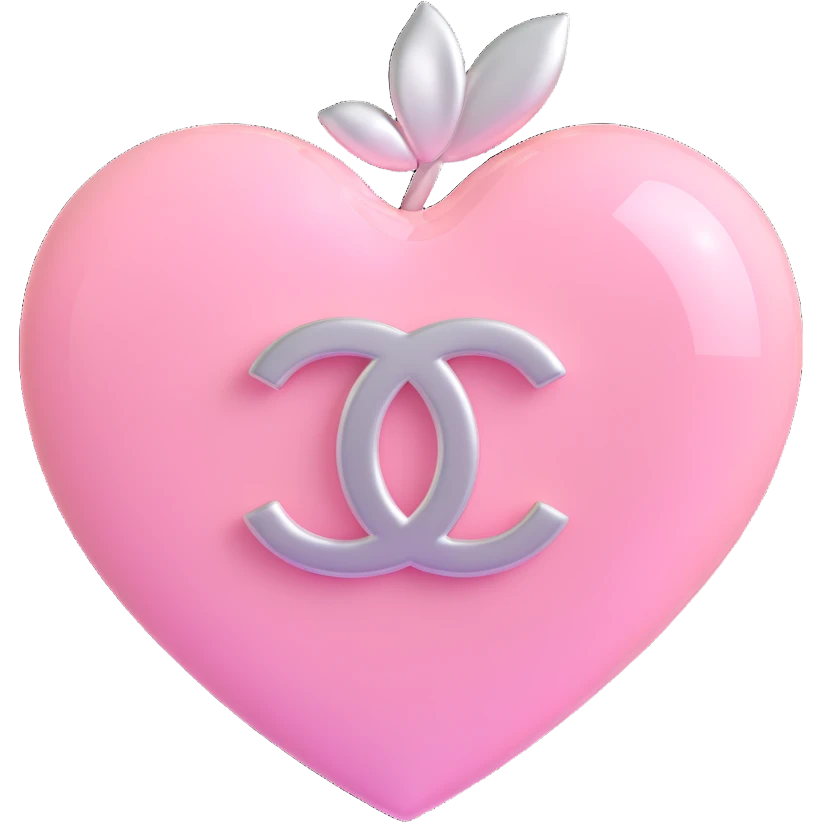 Remove the diamond accent, keep only the glossy white heart with a soft pink glow and silver Chanel logo, elegant, white and silver color scheme, 3D emoji style, keep the background transparent except for the glow. emoji
