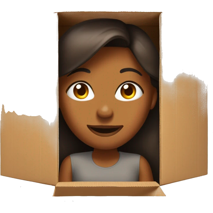 A beautiful brown skin woman with peeks cheerfully from an opening in a large cardboard box, her expression sad  emoji