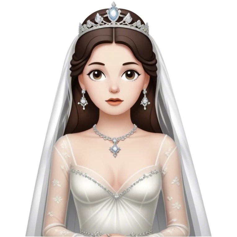 see through long sleeve vivienne westwood style wedding dress with dainty diamonds hanging down from the waist. brunette women with silver jewelry and tiara emoji