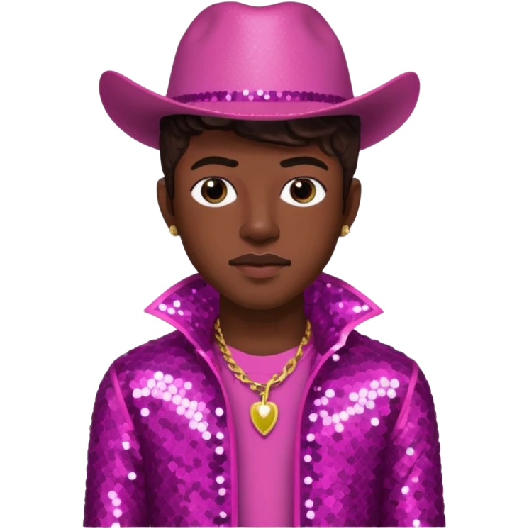 Lil Nas X with dark brown hair, dark pink sequin outfit emoji