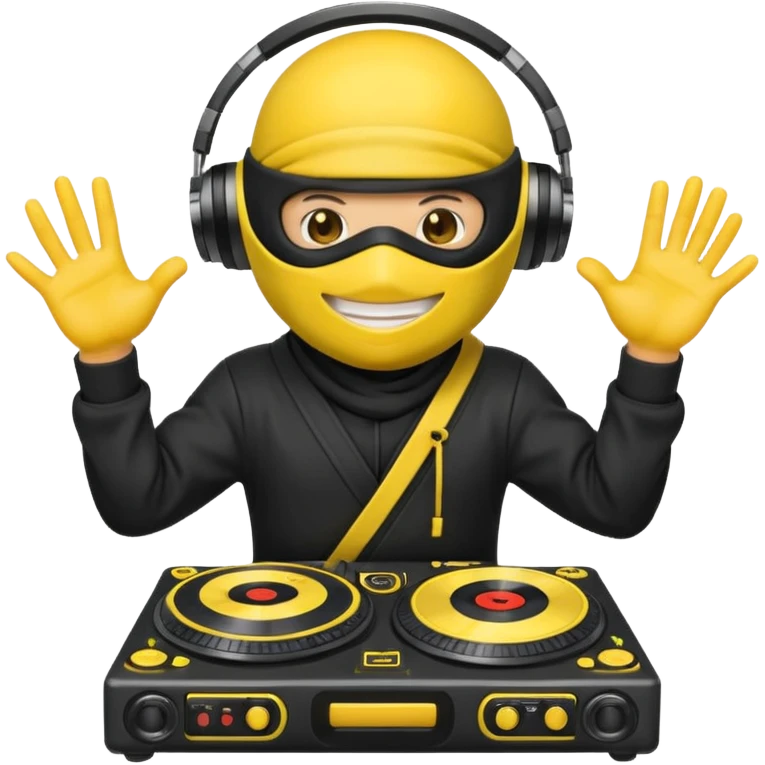 Make a customized yellow head emoji with hands and holding a dj turn table  in a  ninja face mask emoji