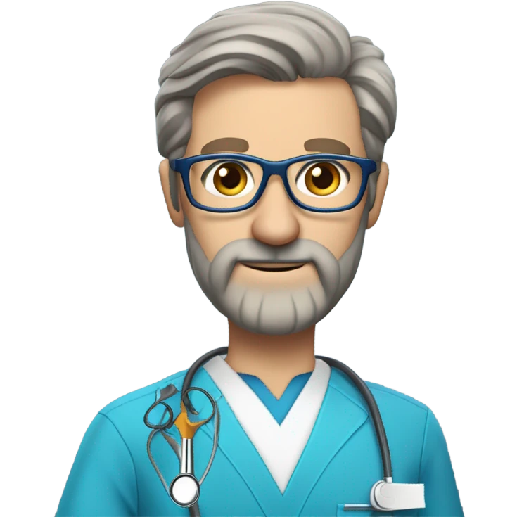 male dark blond haired doctor with grey van dyke beard with hazel eyes and small wire-rimmed glasses in blue scrubs holding a large paintbrush and jigsaw emoji