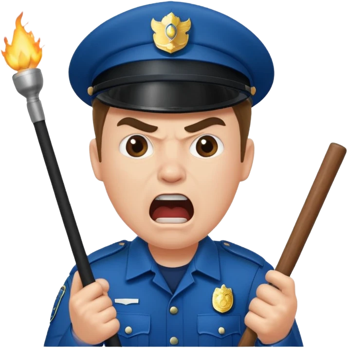 An angry British policeman with a baton in his hands shouts emoji