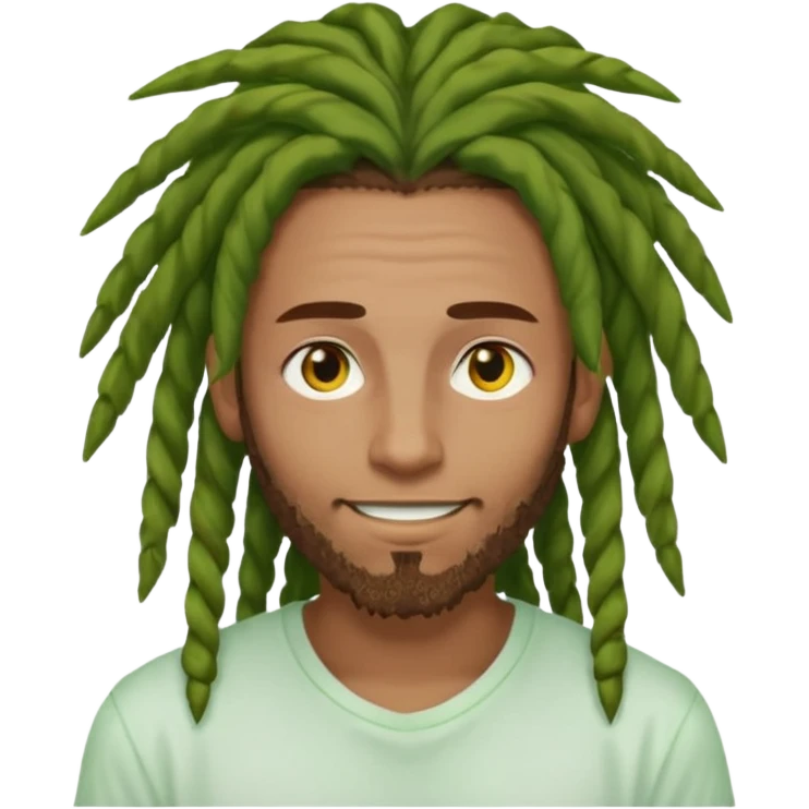 man with brown dreads covering forehead white tee golden eyes light green skin  and white smile emoji