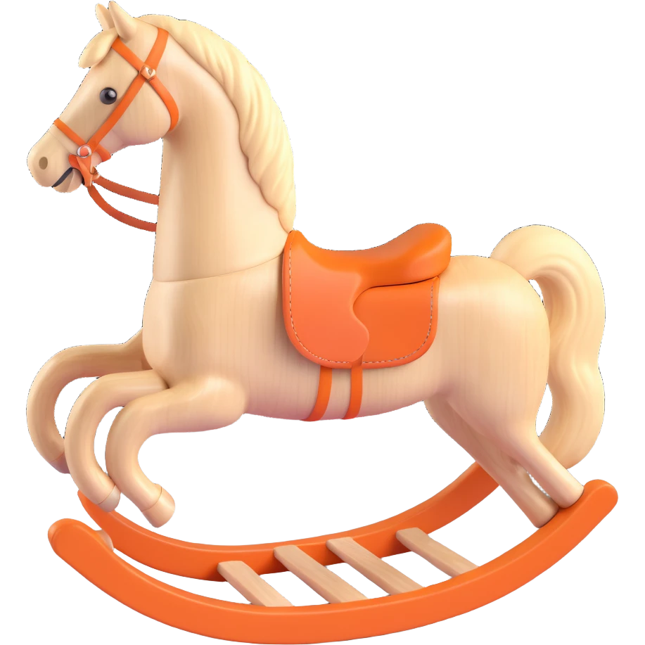 rocking horse, 3D, light maple wood, vintage style, Hermès orange saddle, no text emoji