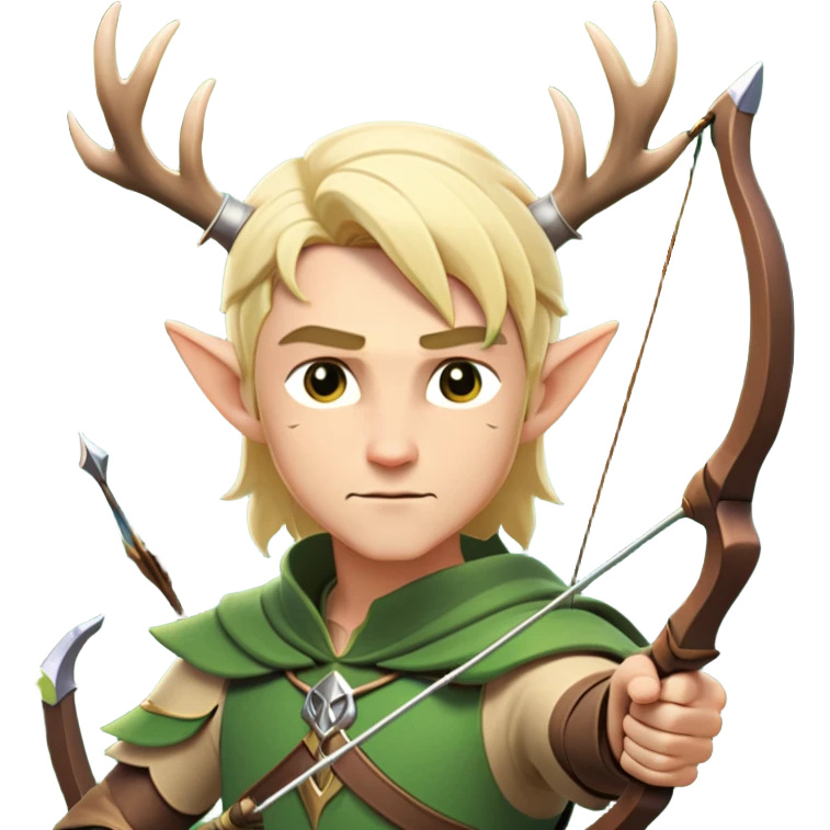 clash-of-clans-aesthetic-blond-male elf-archer-portrait-emoji, rendered in a flat, vector-style with minimal shading and bold holding his bow, simplified shapes, head tilted slightly forward with a determined, focused expression, riding a majestic stag whose antlers glow with mystical energy, set against an ancient, enchanted forest backdrop. emoji
