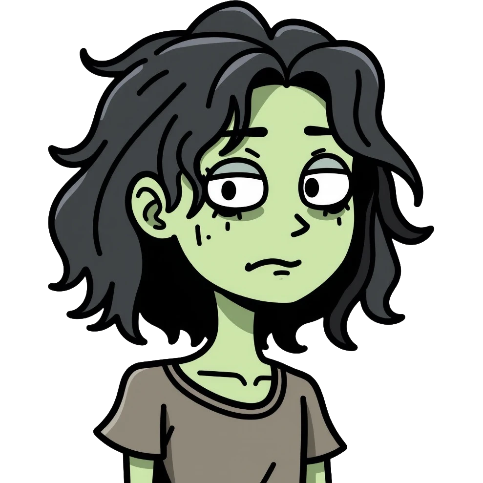 zombie girl with shoulder-length hair in transition, pale green skin, dark circles around eyes, messy hair emoji