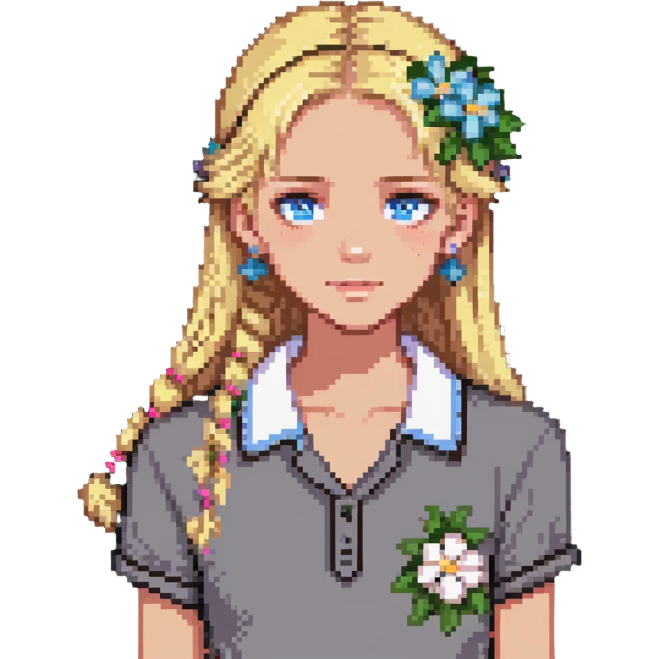 preppy coastal teen girl with blue eyes, beach blonde hair, tan skin, small flowers in her ear, preppy beach outfit emoji