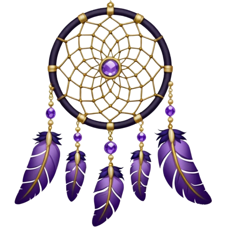 Black dreamcatcher with amethyst crystals, gold pearls, and plants, and violet and white feathers emoji