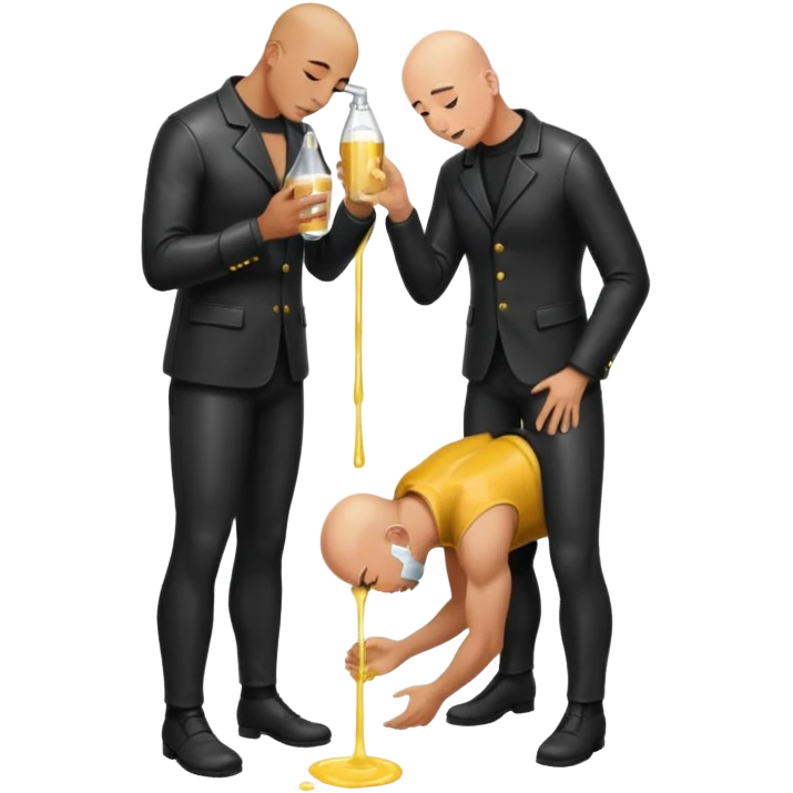 Bald man on his knees submissive to tall, standing man in leather, pouring piss down his throat emoji