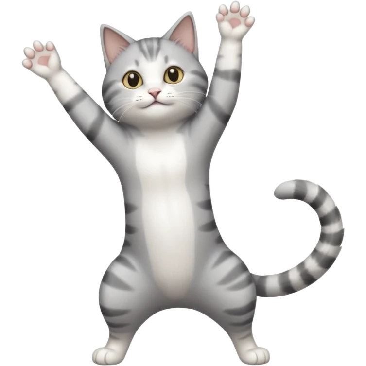 grey and white cat doing a big long stretch reaching up into the air with arms and legs side by side together emoji