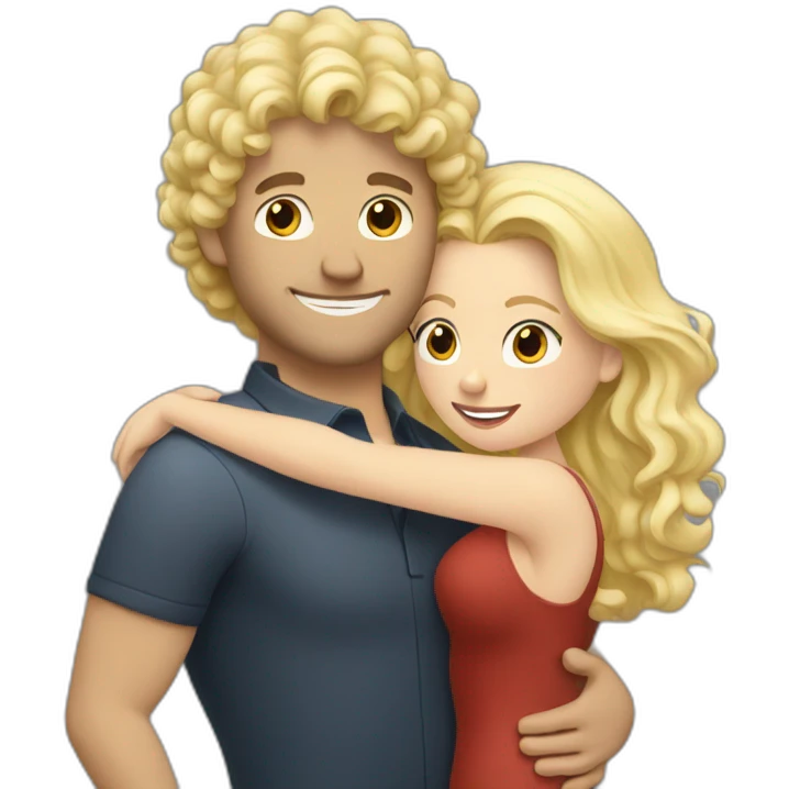 White man with dark curly hair hugging a blonde curvy woman emoji
