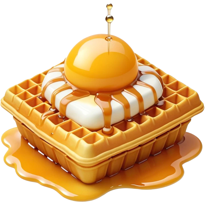 3D rendered hyper-realistic Hong Kong egg waffle with condensed milk drizzle, glossy golden bubbles, vibrant colors, candy-like texture, detailed bubble surfaces, fun presentation, soft lighting emoji