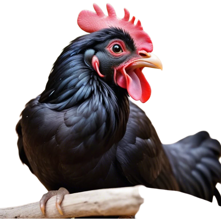 Cinematic Cute Yawning Black Chicken Portrait Emoji, Head tilted slightly with a dramatic, wide-open yawn, showcasing a soft, glossy black plumage with subtle hints of iridescence and a distinctive red comb, floppy wings slightly drooping, round beady eyes barely open in drowsy contentment, Simplified yet irresistibly adorable features, highly detailed, glowing with a soft, cozy glow, high shine, relaxed yet expressive, stylized with a touch of whimsy, bright and endearing, soft glowing outline, capturing the essence of a sleepy yet affectionate chicken, so drowsy it feels like it could stretch out of the screen and curl up for a nap! emoji