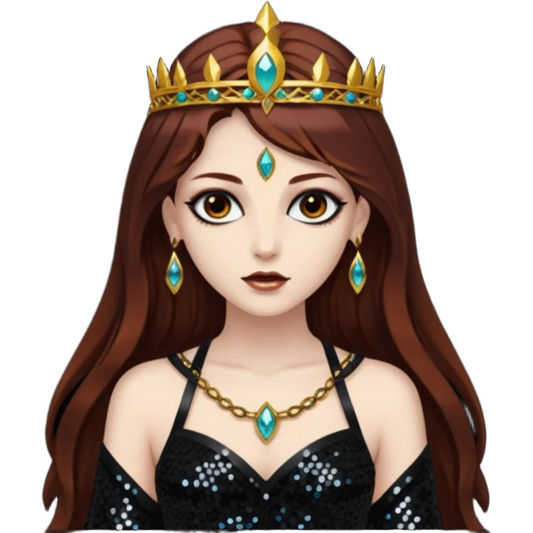 Libera, Goddess of Death from Gods and Goddesses with long dark auburn hair, black sequin outfit emoji