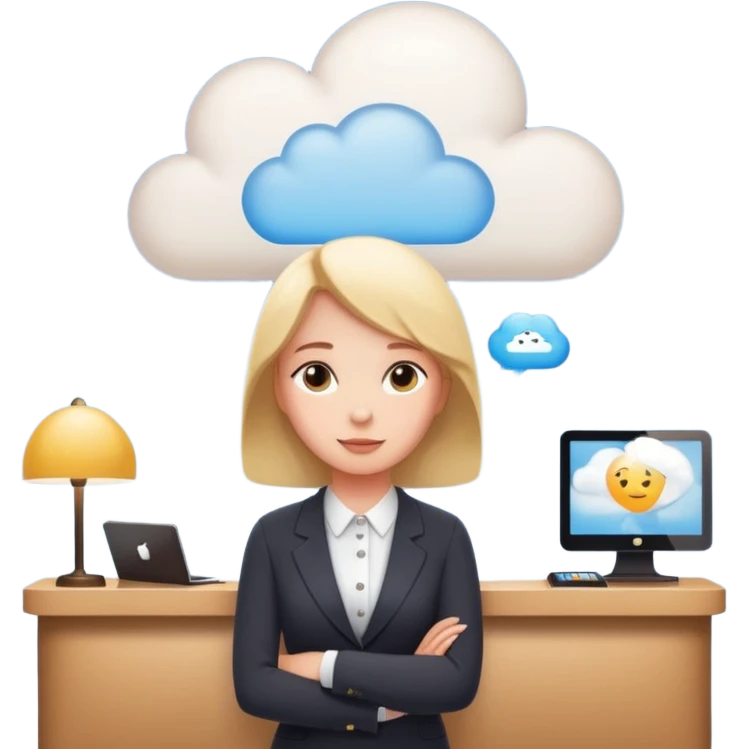 A thinking person with a thought cloud showing a modern hotel reception — front desk, receptionist, suitcases, cozy lighting. Cute emoji style, soft and clean.
 emoji