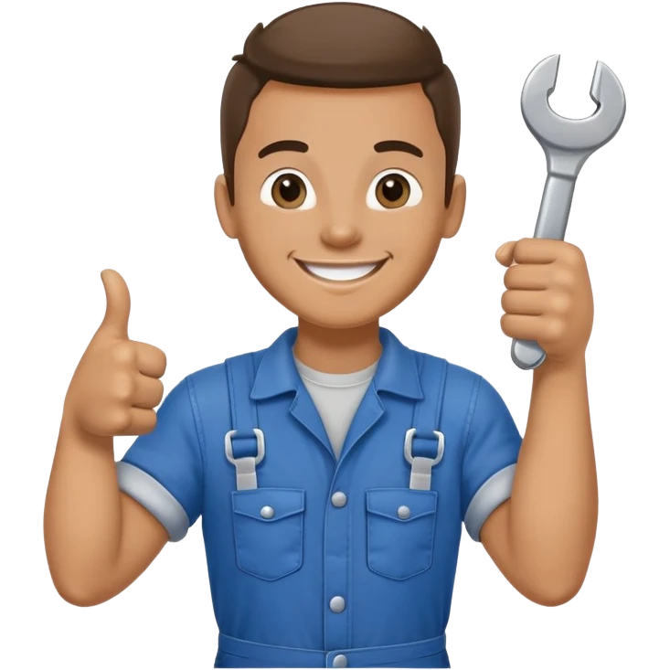 A car mechanic in overalls smiles, holds a wrench in one hand, and shows a thumbs up with the other emoji