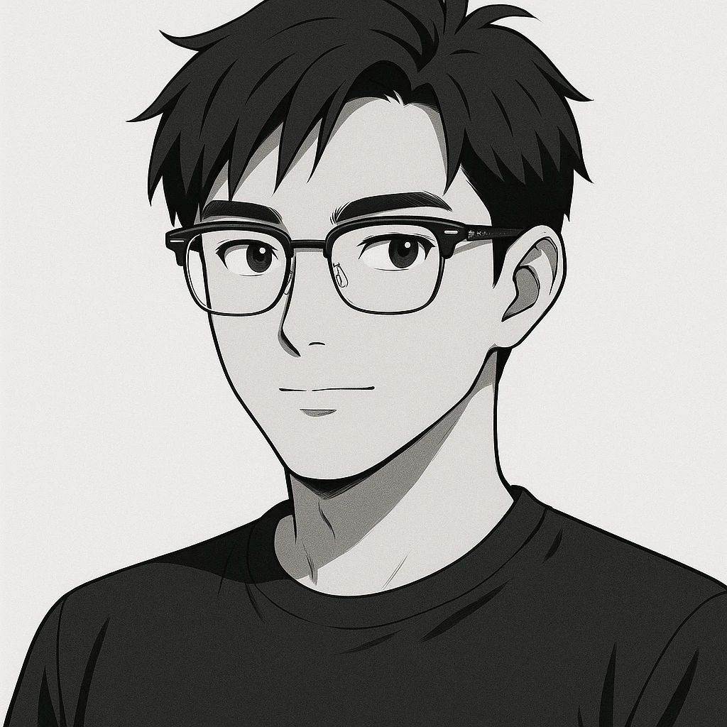 Create a half portrait in black and white anime style of an Asian male age 25, wearing Ray-Ban half frame glasses and a black t-shirt. Maintain the anime aesthetic with clear facial features and the specified accessories. emoji