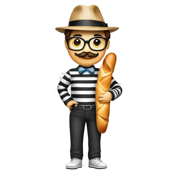 Nerd emoji with black and white long sleeve striped shirt and a fedora and a mustache and a baguette and a French hand  emoji