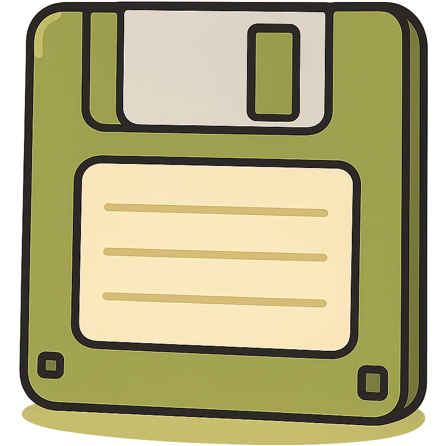 olive green floppy disk with a beige label, simple drawing, clear outlines, graphic shadows and highlights where appropriate, no face emoji