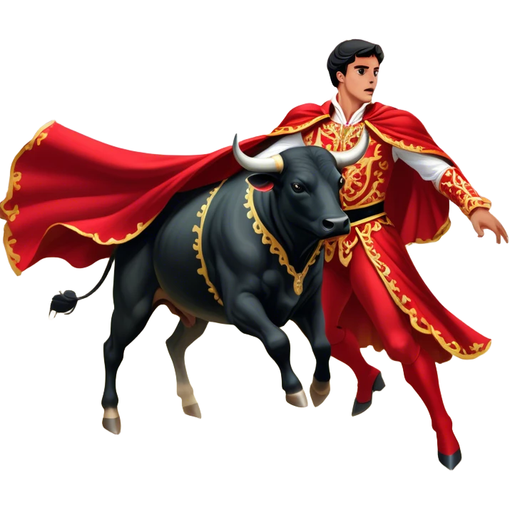 ​Cinematic Realistic Spanish Matador in Action, depicted in an ornate traje de luces with a flowing red cape, captured in the dramatic moment of confronting a charging bull in a traditional bullring, rendered with dynamic motion and dramatic lighting that encapsulates the intensity and artistry of the spectacle, emoji