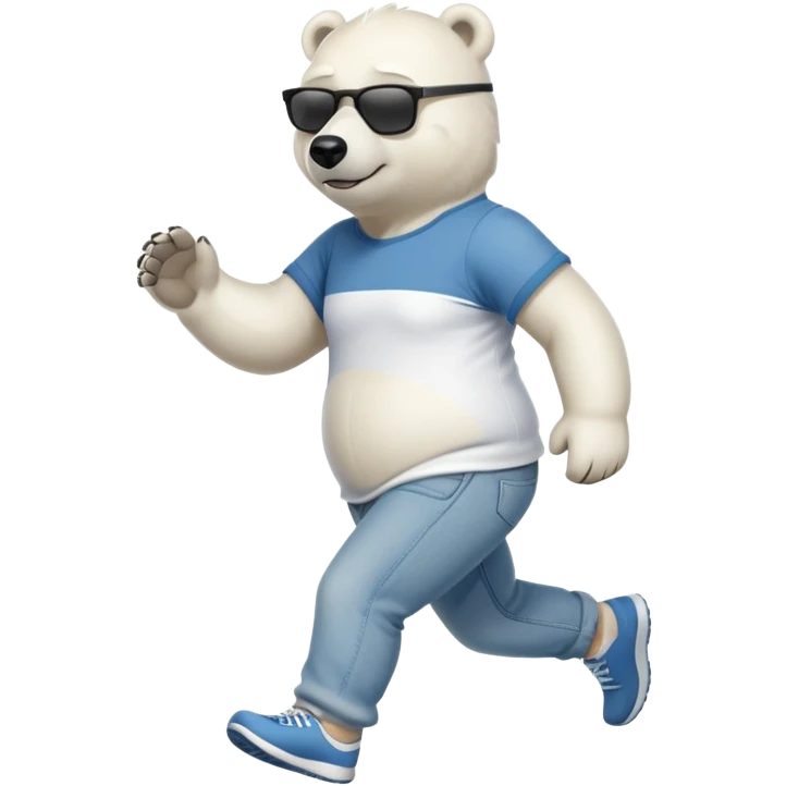 friendly anthropomorphised polar bear in jeans and a t-shirt, wearing dark sunglasses, jogging upright, standard pose emoji