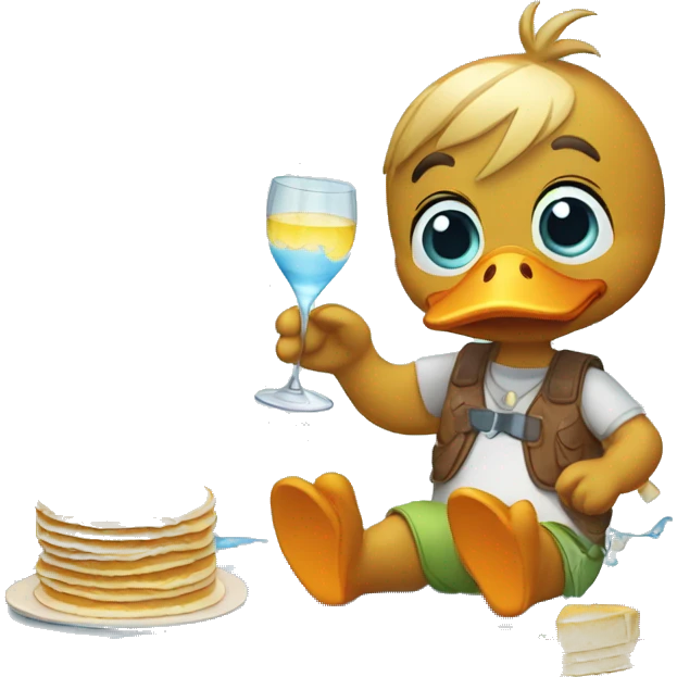 Duck holding present making pancakes while putting on shoes and drinking a glass of water emoji