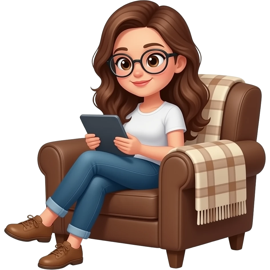 detailed emoji illustration of a curvy woman with long chestnut brown wavy hair, light brown eyes and round glasses sitting in a brown armchair with a planket scottish pattern in the back while reading on an e-reader tablet, cozy reading atmosphere, cute emoji style emoji