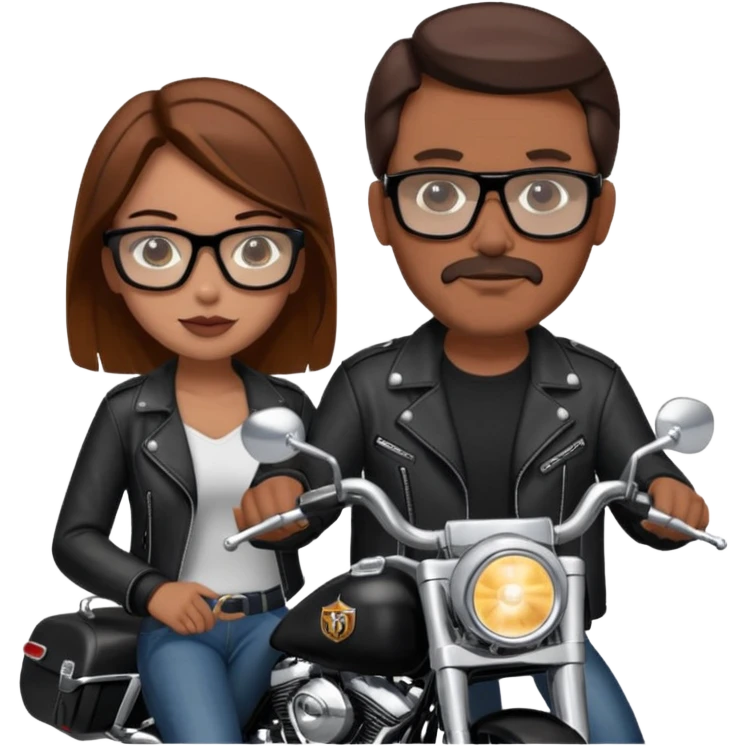 Un couple de biker sur une harley road king noire, l'homme no moustache et une paire de lunettes demetz ros21, la fille a des cheveux plus dans les tons chatain emoji