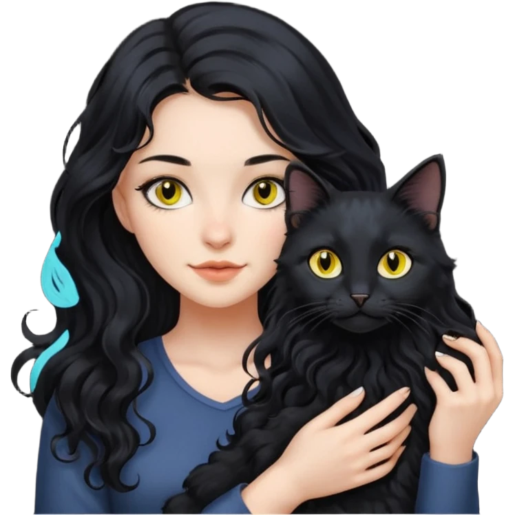 una ragazza di circa 25 anni, capelli lunghi ondulati neri con in braccio un gatto nero emoji