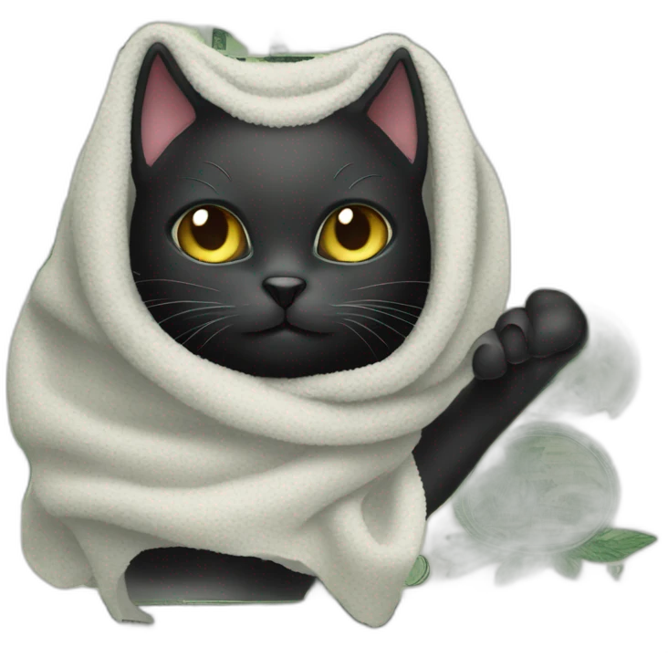 black cat with a towel on his head and a dollar bill emoji