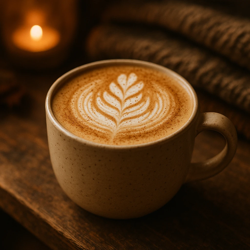 a beautiful coffee latte topped with cinnamon, cozy atmosphere emoji