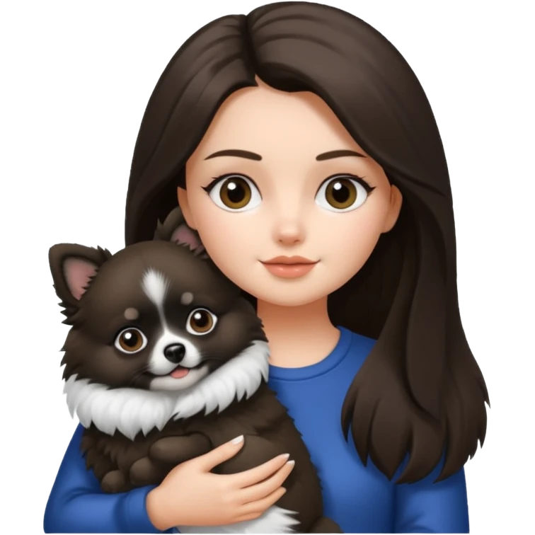 an brunette girl holding her pomeranian dog thats black and white but has white middle part in the face kinda looks like a panda emoji