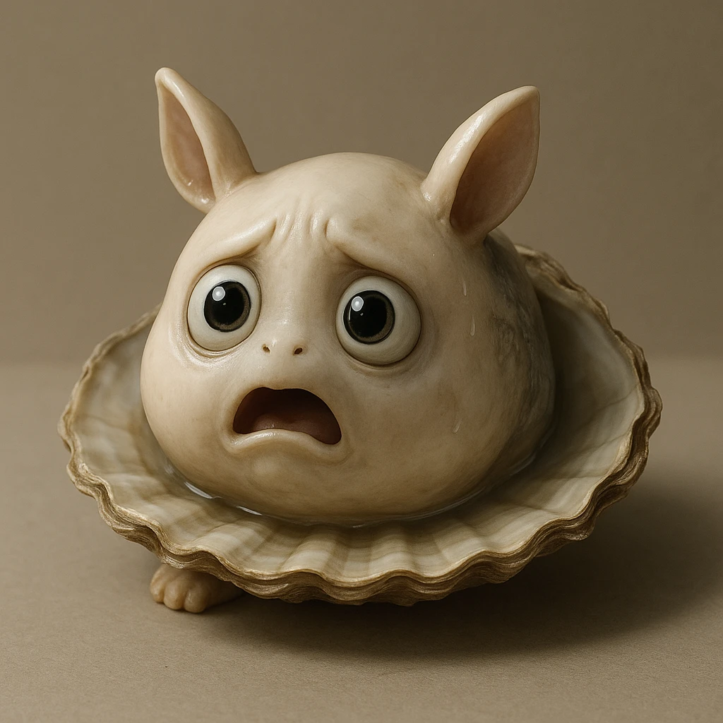 A cute oyster with a scared expression, wide eyes, and slightly open mouth, in photorealistic style. emoji