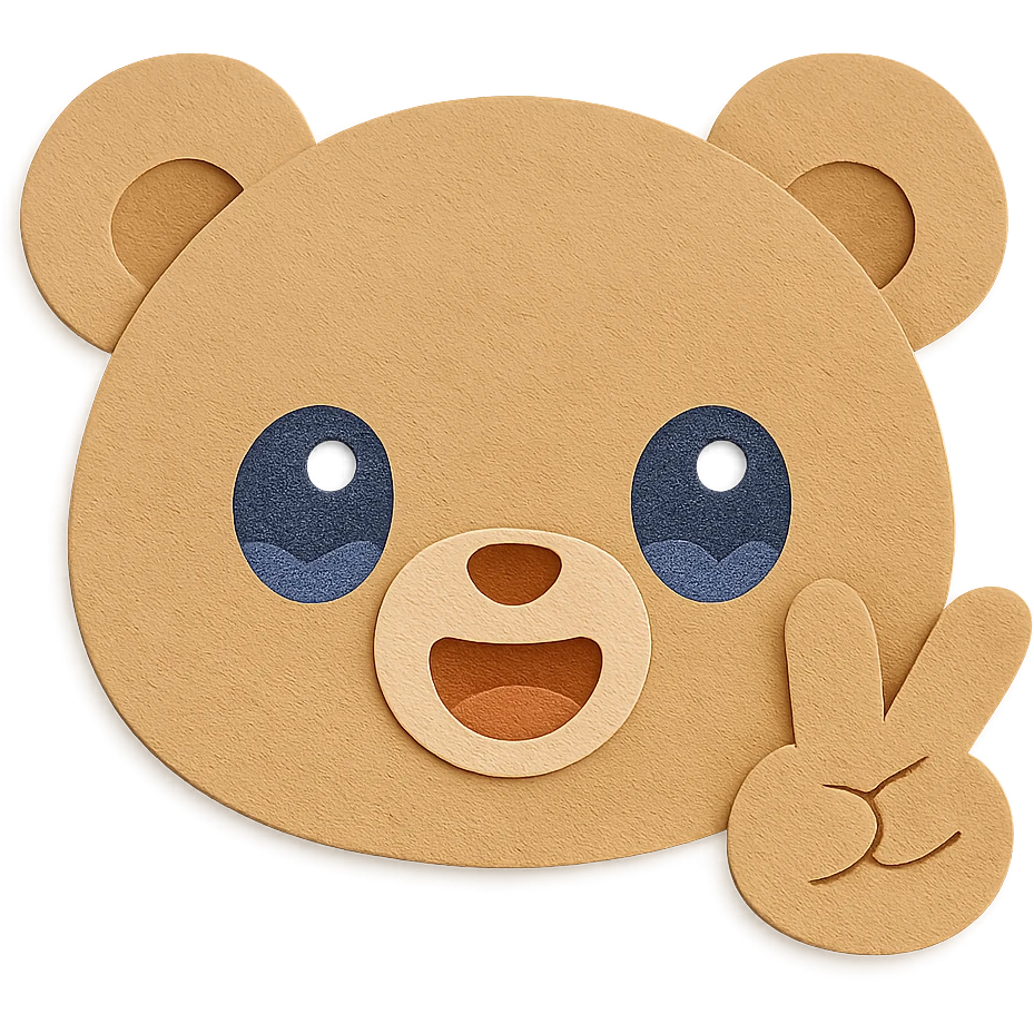 Edit the image to show only the bear's head with a peace sign hand gesture near the face. Keep all bear features and colors exactly the same: big sparkling watery eyes, super soft and adorable open-mouth smile, round face, round ears, soft pastel brown color, and maintain the paper craft visual effect. Remove all other objects including the tail and blush. Clean lines and transparent background. emoji