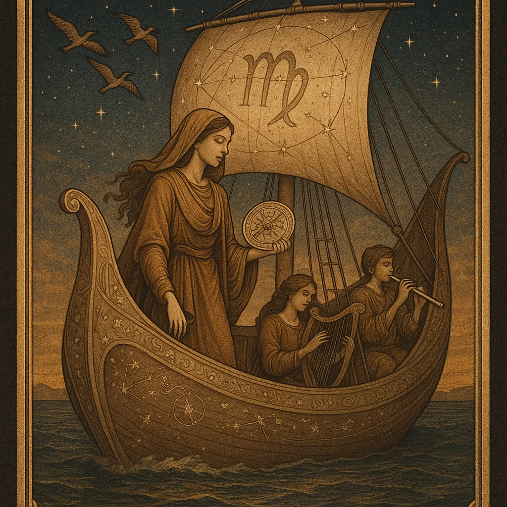Tarot card titled 'The Voyager – Virgo' featuring a serene Virgo figure traveling on a majestic ship across a starlit sea. The Virgo is graceful, thoughtful, and grounded, wearing flowing earth-toned robes and holding a celestial map or astrolabe. The ship is adorned with intricate carvings of constellations and ancient symbols, gliding under a twilight sky. Birds fly in formation overhead, symbolizing guidance and freedom. Musicians aboard play harps and flutes, creating a harmonious atmosphere. The design blends mysticism, elegance, and earth-aligned energy, with fine detailing, warm golden tones, and subtle Virgo glyphs woven into the sail or stars. The mood is introspective, purposeful, and celestial. emoji