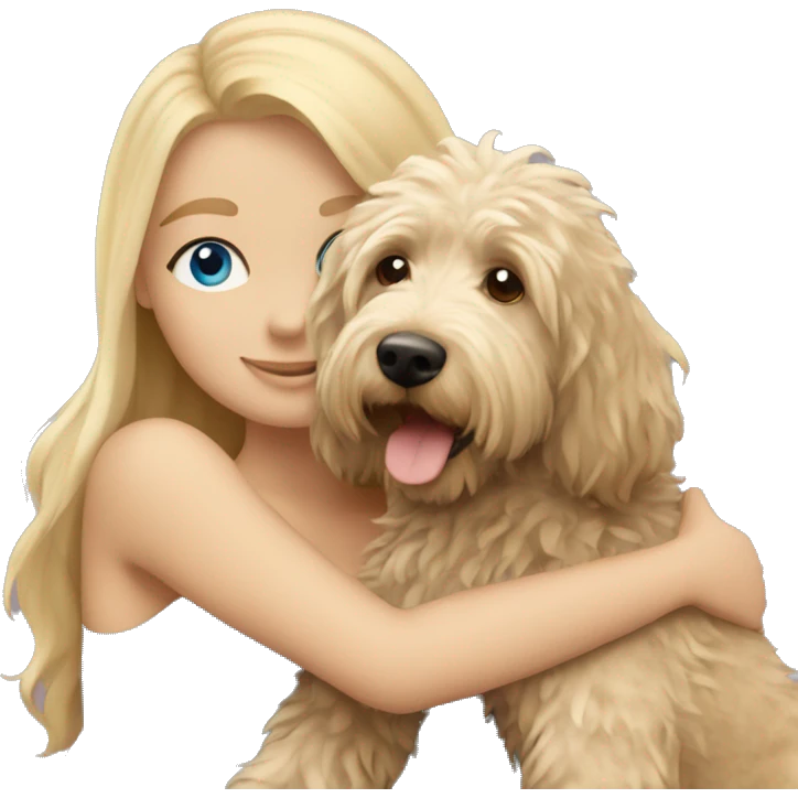 blonde girl with straight hair and blue eyes hugging an australian labradoodle emoji