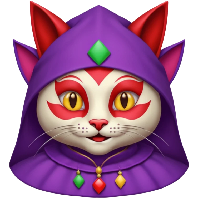 crazy colorful cute little cat jolly joker from poker, medieval, vintage, court jester, mac os icon, purple and red color, half body. The cat is represented as Code inside a retro computer terminal emoji
