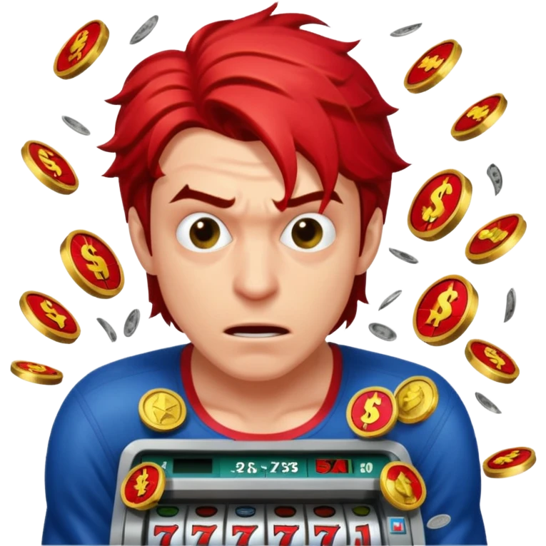 disheveled spiderman losing money at a slot machine, panicked face, coins flying emoji