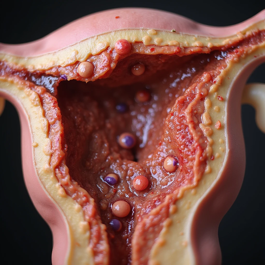 realistic cross section of uterus with reddened, swollen, visibly inflamed endometrium, presence of immune cells, white background emoji