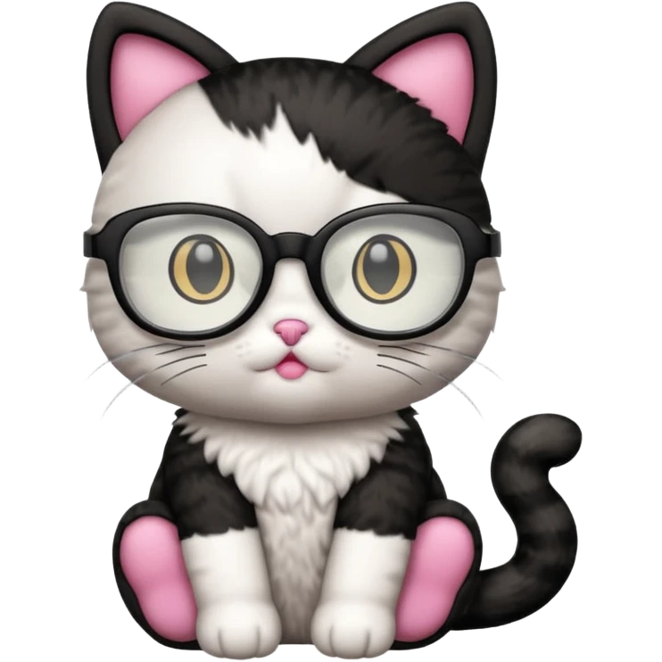 kitty that’s sitting, black and white fur and hello kitty glasses on eyes emoji
